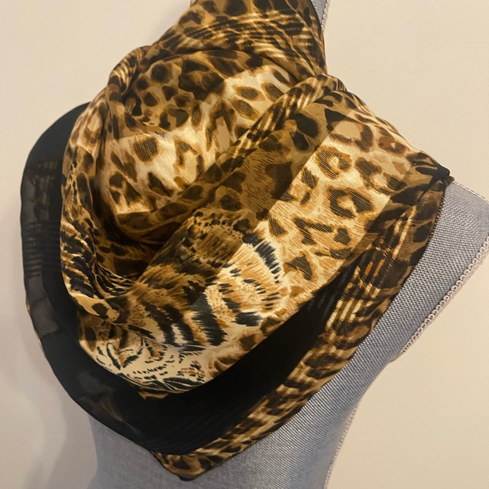 Leopard Print Satin Scarf - Black & Gold - Picture 6 of 8